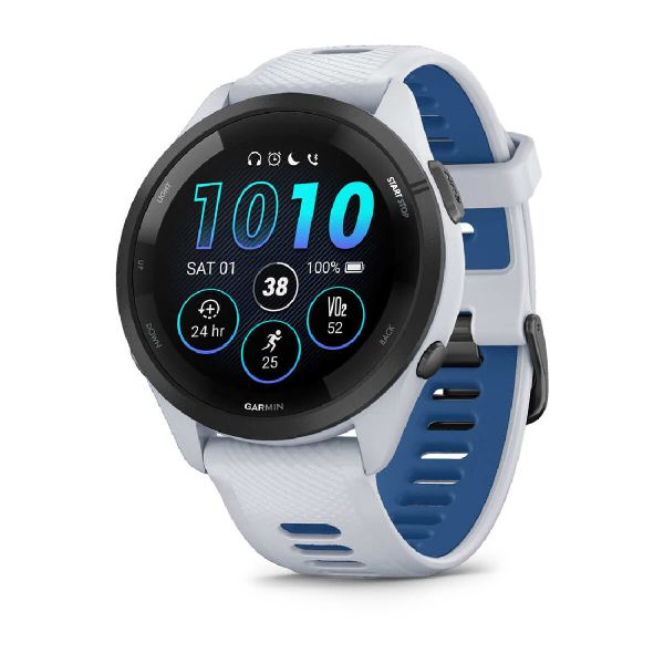 Forerunner® 265 - Whitestone Case Black Bezel Whitestone/Tidal Blue Silicone Band