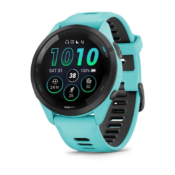 Forerunner® 265 - Aqua Case Black Bezel Aqua/Black Silicone Band