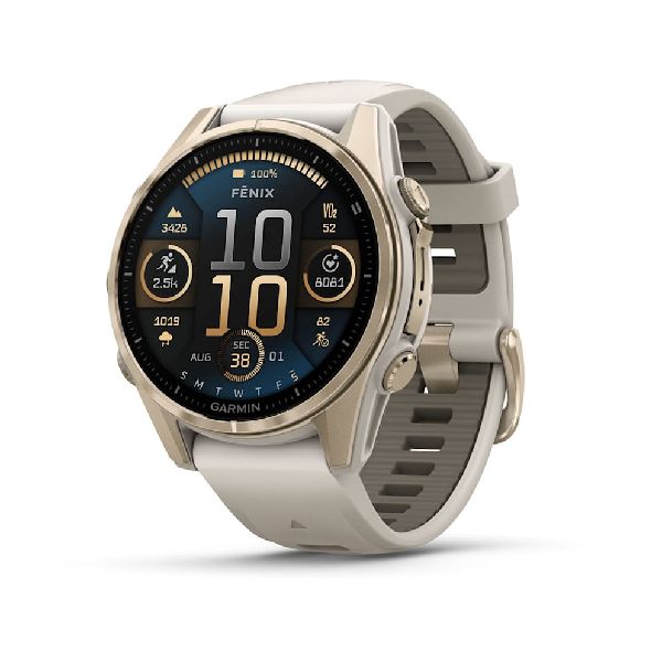 fenix® 8 – 43 mm AMOLED - Sapphire, Soft Gold with Fog Gray/Dark Sandstone Silicone Band