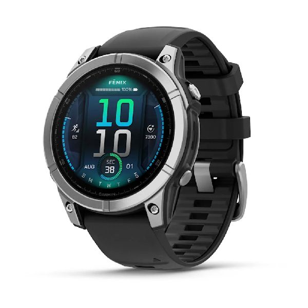 fenix® E – 47 mm AMOLED - Acier inoxydable avec Bracelet en silicone noir