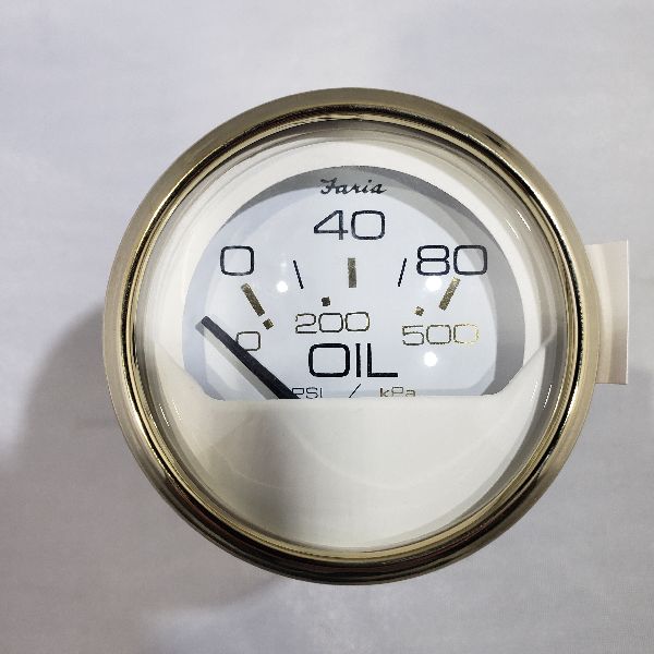 Faria Oil Gauge 2" Gold Trim, White Back, Curved Glass